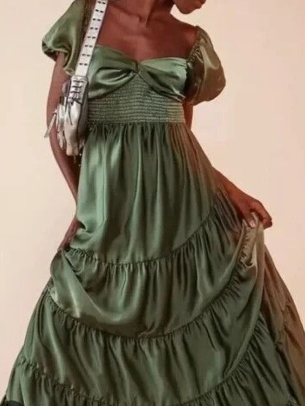 Free People Olive Green Puff-Sleeve Tiered Maxi Dress